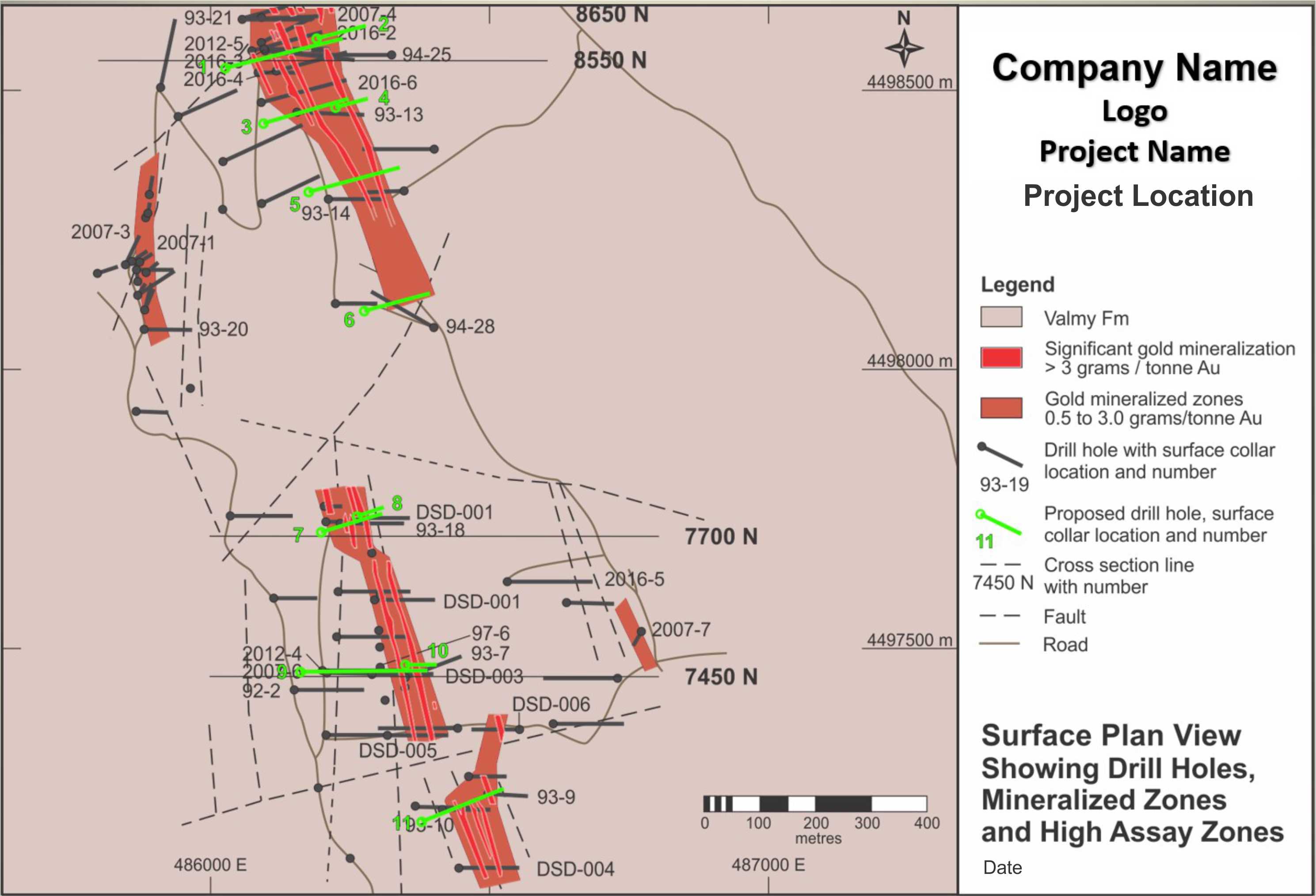 diamond drill hole surface plan showing geology / lithology and mineralised zones